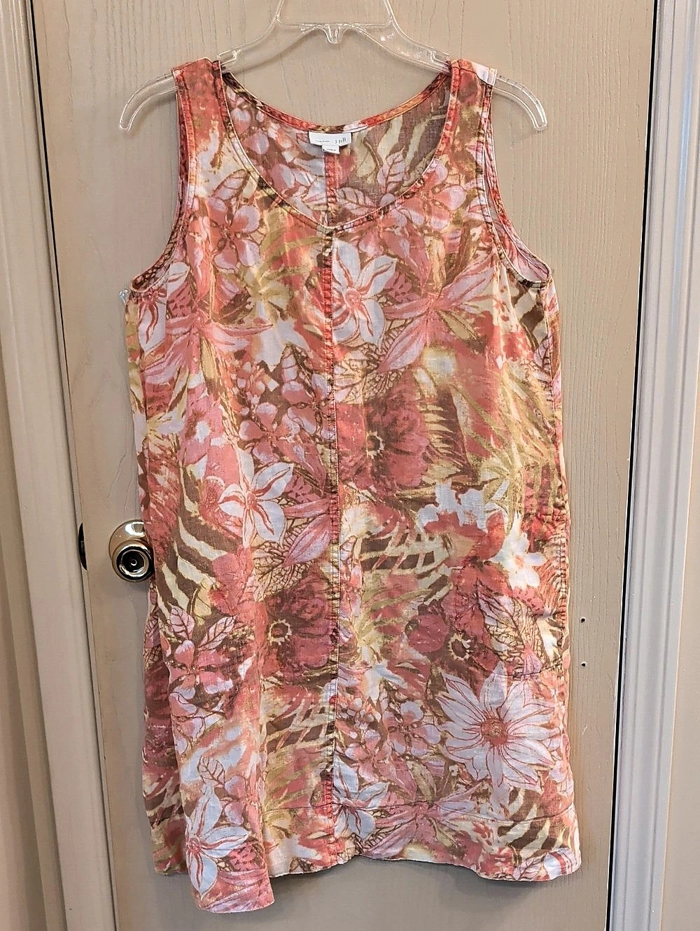 J. Jill Love Linen 100% Linen Floral Tank Dress Top Coral Multicolor Size M